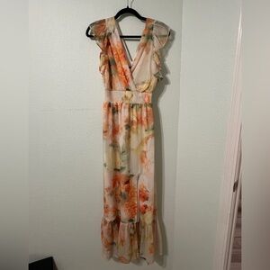 Express Floral Ruffle Maxi Dress in Orange and Cream